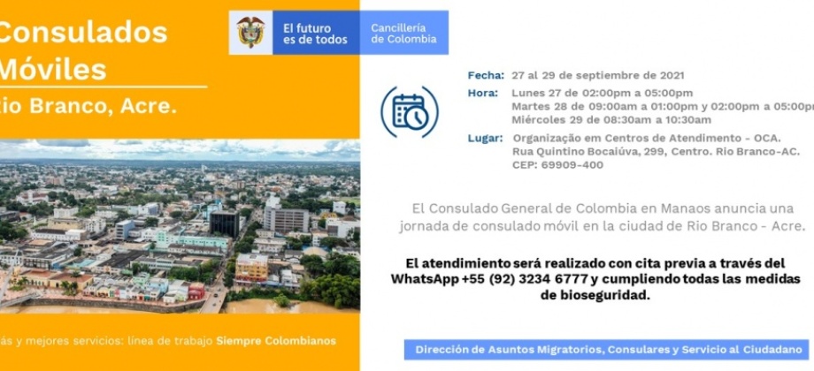 El Consulado de Colombia en Manaos realizará la jornada de Consulado Movil en la ciudad de Rio Branco del 27 al 29 de septiembre
