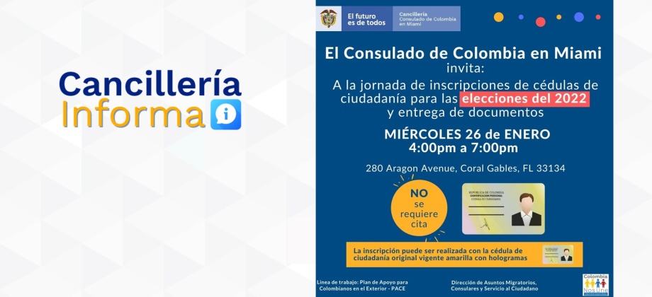 El Consulado de Colombia en Miami realiza jornada de inscripción de cédulas y entrega de documentos el miércoles 26 de enero de 2022