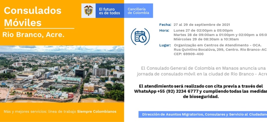 El Consulado de Colombia en Manaos realizará la jornada de Consulado Movil en la ciudad de Rio Branco del 27 al 29 de septiembre
