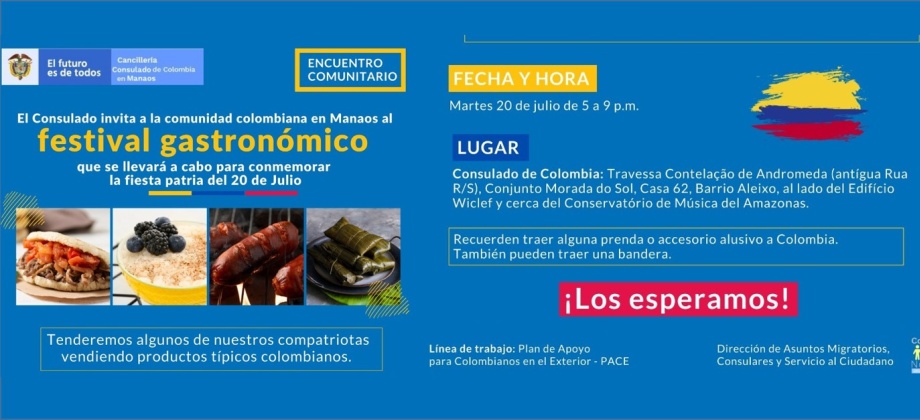 El Consulado de Colombia en Manaos invita al festival gastronómico, el 20 de julio de 2021