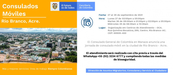 El Consulado de Colombia en Manaos realizará la jornada de Consulado Movil en la ciudad de Rio Branco del 27 al 29 de septiembre